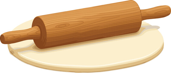 Wooden rolling pin flattening dough in a realistic vector illustration for bakery, cooking, and kitchen preparation concepts.