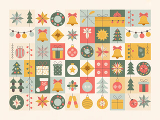 A flat, minimalist illustration of Christmas-themed decorative elements arranged in a grid pattern against a light beige background.
