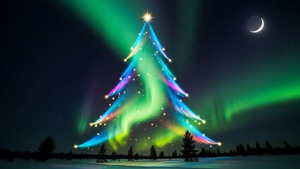 Abstract Christmas Tree Formed by Colorful Aurora Borealis with Crescent Moon