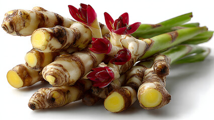 Freshly harvested galangal root with red flower buds and green shoots, close-up on a white background