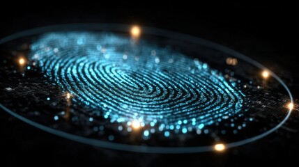 A captivating digital fingerprint illustration, rendered in striking blue light. Showcasing the intricate pattern of a fingerprint. ..Created with Generative AI, not depicting real subjects.
