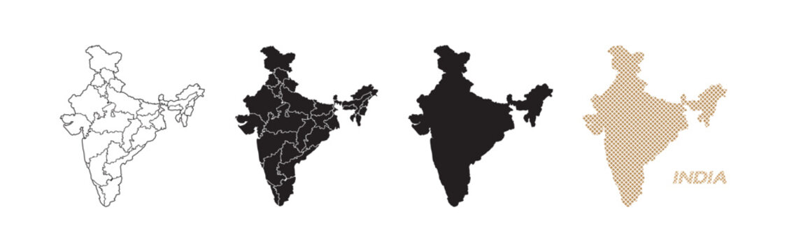 Maps of India in various styles, with black and gold lines on a white background.