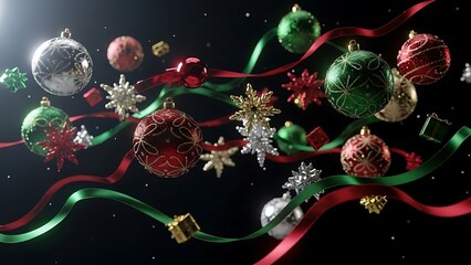 Assortment of colorful christmas ornaments hanging with gold ribbons