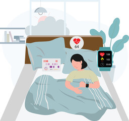 Flat vector illustration of a woman sleeping and tracking sleep data using a smartwatch. Includes icons for heart rate and sleep rate data. Modern pastel color palette background
