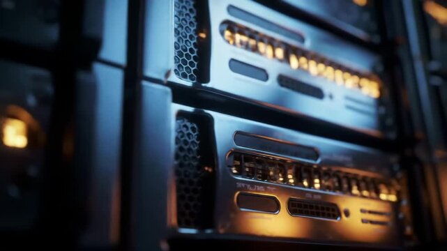 Close-up of server rack with data flowing, powerful computer and technology network infrastructure, glowing data lights.