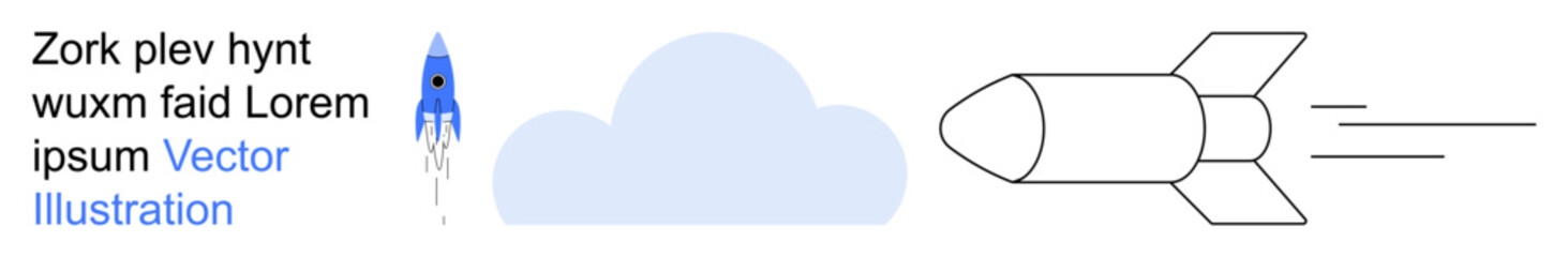 Space exploration, science education, futuristic design, innovation, creativity, technology. A blue rocket launching beside a cloud and a fast-moving missile. Space exploration and science education