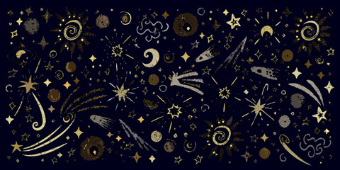Stylized illustration of celestial bodies stars and cosmic elements on a dark background © Roni