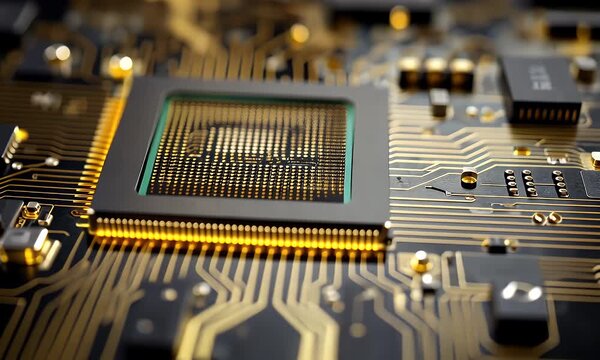 Extreme close up macro view of a modern computer processor chip with intricate golden circuitry and glowing connections on a dark circuit board background