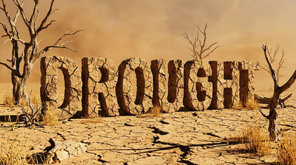 Drought Text Made of Cracked Dry Soil Environmental 3D Illustration