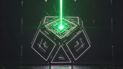 Mysterious Cubical Beam: A futuristic cube with a captivating green beam, illuminating the geometry and technological prowess