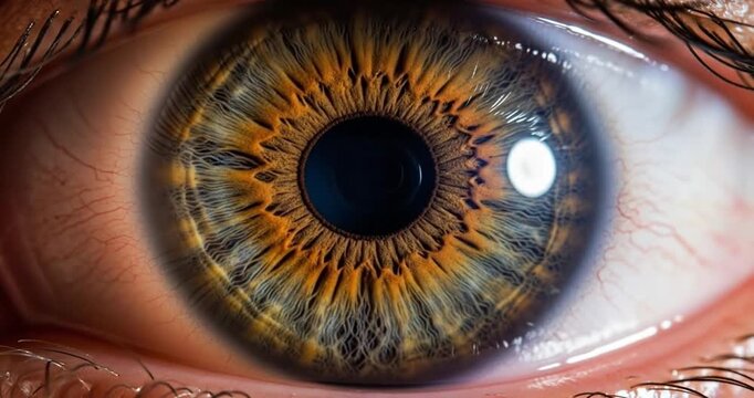 Close-up of a human eye showcasing intricate patterns and vibrant colors, with reflections (1)