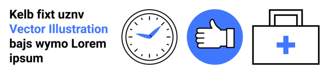 Healthcare, time management, approval, emergency, medical service, productivity. Minimal design clock, thumbs-up and medical kit with a cross. Healthcare and time management concept