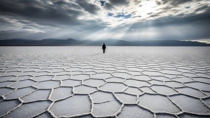 A lone figure walks across a vast, patterned salt flat under a dramatic sky with sun rays breaking through dark clouds.