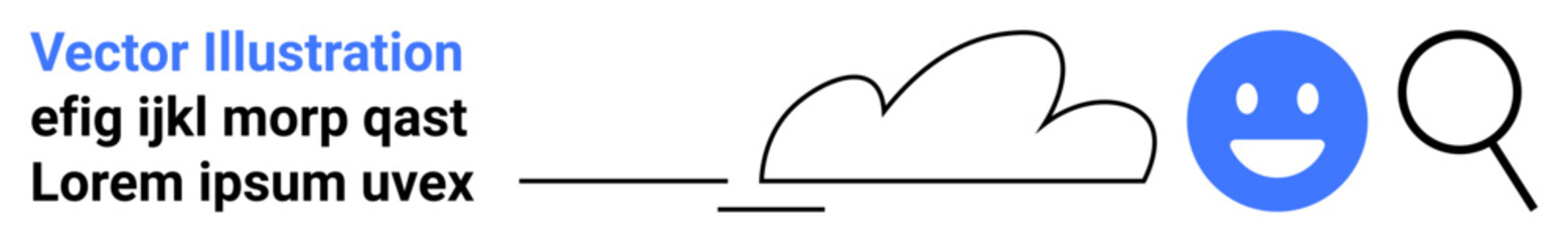 Cloud computing, data analysis, technology trends, user interface, search optimization, digital concepts. A cloud icon, magnifying glass and happy face in simple style. Cloud computing and data