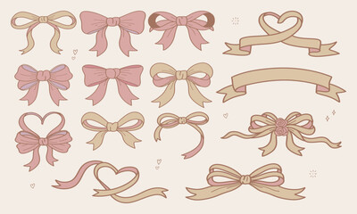 Aesthetic Ribbon & Bow Clipart Set featuring various ribbon shapes, heart bows, banners, and decorative lines. Designed in a soft pink-beige neutral palette with clean outlines