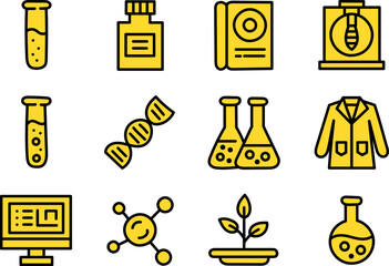 Science Laboratory Icon Set with Chemistry, Biology and Research Symbols in Flat Line Style