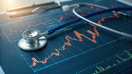 Medical equipment on a digital dashboard displaying health data and charts, highlighting the intersection of technology and healthcare.