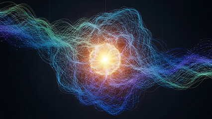 Energy in Action: An artistic representation of energy, with a vibrant central sphere surrounded by flowing lines, creating a sense of dynamic force and unseen power.