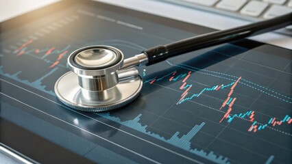 Stethoscope rests on a digital screen displaying financial graphs, symbolizing the intersection of health and finance.