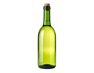 A single glass bottle of white wine with a blank label, full of clear liquid and isolated against a transparent background