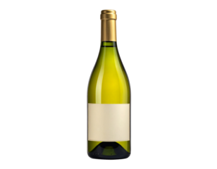 A single glass bottle of white wine with a blank label, full of clear liquid and isolated against a transparent background