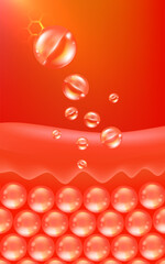 Hyaluronic acid and Niacinamide skin solutions ad, red collagen serum drops into skin cell with cosmetic advertising background ready to use, illustration vector.	