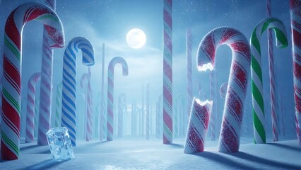 Giant Candy Canes in a Snowy Landscape Under a Full Moon and Starry Sky