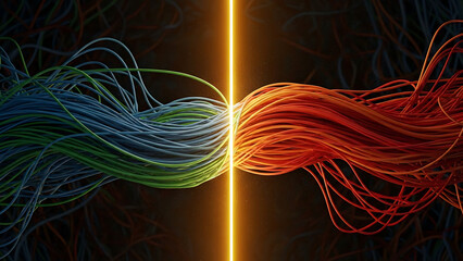 Abstract Color Fiber Optic Cables: The image features a vibrant display of color fiber optic cables, forming an abstract composition and bathed in a neon light.