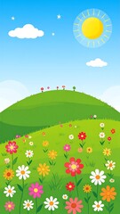 Fototapeta premium Cartoonish illustration of sunny meadow with rolling green hills