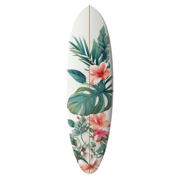 Tropical floral pattern surfboard with vibrant green leaves and pink flowers isolated on transparent background