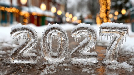 The year 2027 is sculpted from ice, a crystalline display against a blurred backdrop, embodying the passage of time and the beauty of winter. ..Created with Generative AI, not depicting real subjects.