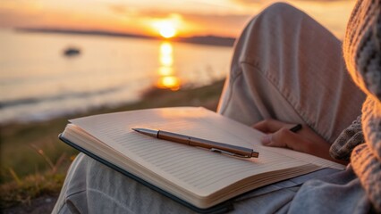 A person writes in a notebook while sitting by the sea during sunset, capturing a moment of reflection and creativity.