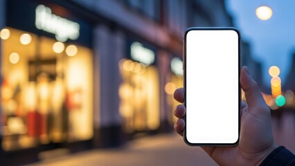 Hand holding a smartphone with a white screen in a blurred city street at dusk or evening with storefronts and lights