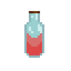 Obraz premium A simple, vertical pixel art bottle containing a red potion or liquid. The glass bottle is pale blue/cyan and sealed with a brown cork and a classic 8-bit style.