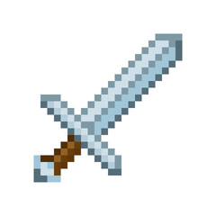Fototapeta premium Pixel art sword featuring a brown hilt and a blue/silver blade. This retro 8-bit melee weapon is a game inventory item or RPG icon, isolated against a black background.