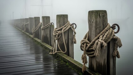 Fototapeta premium Foggy wooden pier with nautical ropes