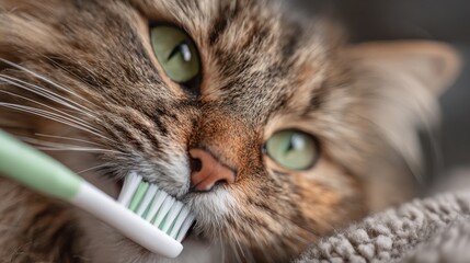 A curious cat brushes its teeth using a toothbrush, emphasizing care and a playful, furry friend showing their unique personality. ..Created with Generative AI, not depicting real subjects.