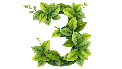 A vibrant green number three formed from lush healthy leaves and delicate vines symbolizing growth nature and organic concepts against a clean white background