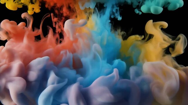 Vibrant colorful smoke explosion on black background animation