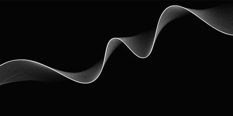 White lines wave on a black background.Dynamic sound wave. Design element.isolated background. Curved smooth tape.Black and white. Eps 10