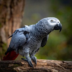 Obraz premium A regal grey bird perched on a branch, featuring striking red tail feathers and a sharp beak