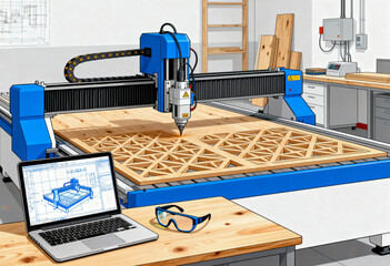 CNC Router Machine Precision Engraving Woodwork, Computer-Aided Manufacturing (CAM) in Modern Workshop, Digital Woodworking Design with Laptop Blueprint