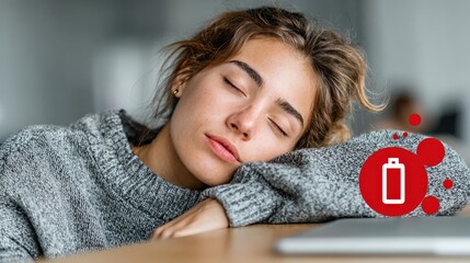 A tired young woman with closed eyes is taking a short rest at the desk, symbolising the exhaustion and need for rest. ..Created with Generative AI, not depicting real subjects.