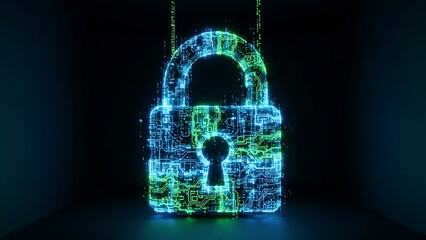 Digital Fortress: A glowing lock symbol, constructed from intricate digital patterns, embodies the concept of cyber security and data protection.