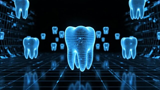Title: A 3D rendered tooth with a glowing blue light and digital grid patterns on a dark background