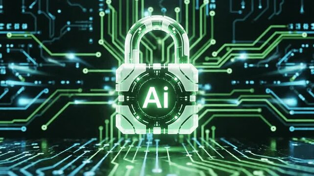 Title: A digital lock with the letters AI in the center surrounded by glowing green circuit lines