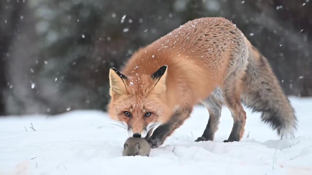 Red fox hunting a mouse in winter snow during a snowfall, wildlife, predator.