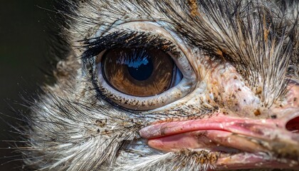 Close-up of an ostrich's eye, showcasing detailed feathers and beak