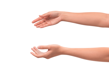 Close-up of beautiful empty hand gesture isolated on a transparent PNG. High quality studio shot.