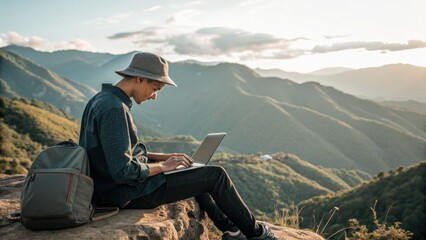 A person works on a laptop while sitting on a rock with mountains in the background, enjoying a serene outdoor environment.
